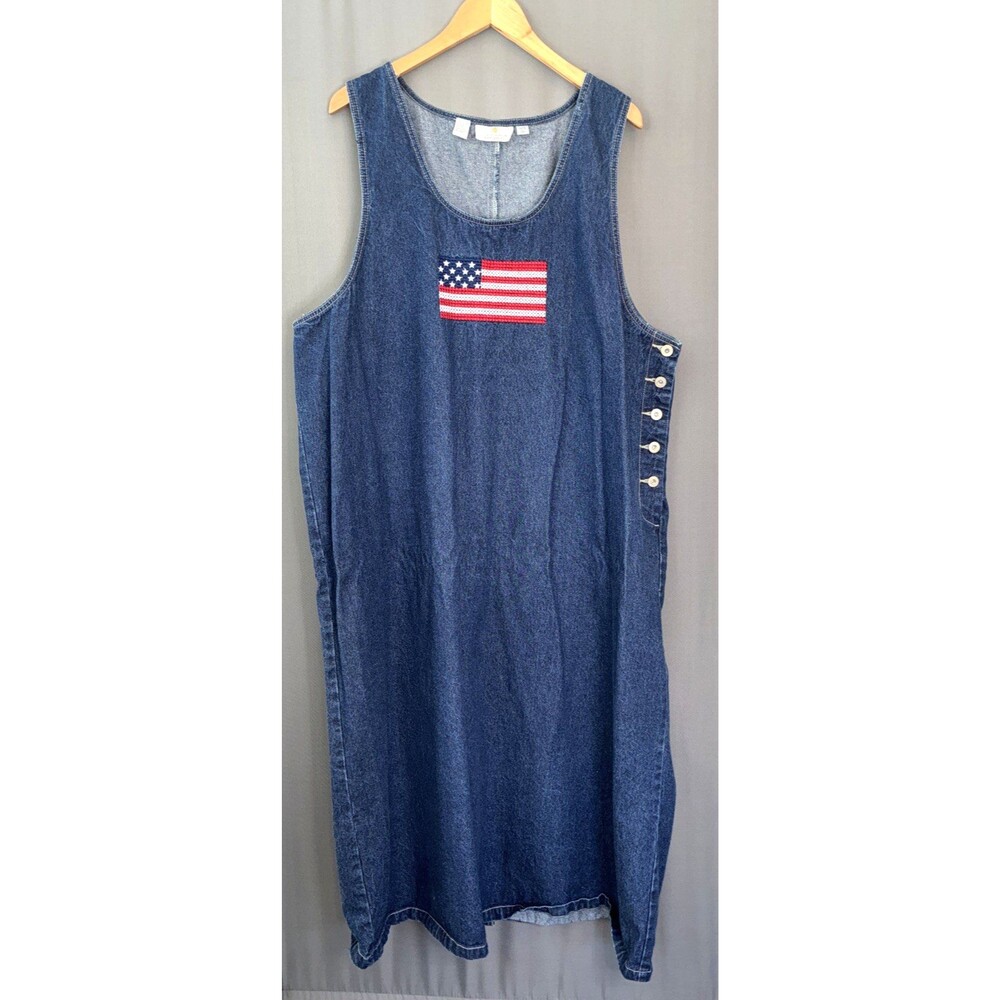 VTG Blue Denim Embroidered Flag Maxi Jumper Dress Sz 3X Cottage Granny Patriotic